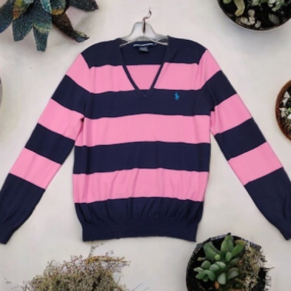 Ralph Lauren Sport Sweater Sz Large Pullover V-neck Pink Navy Blue Striped Pima - Picture 1 of 7
